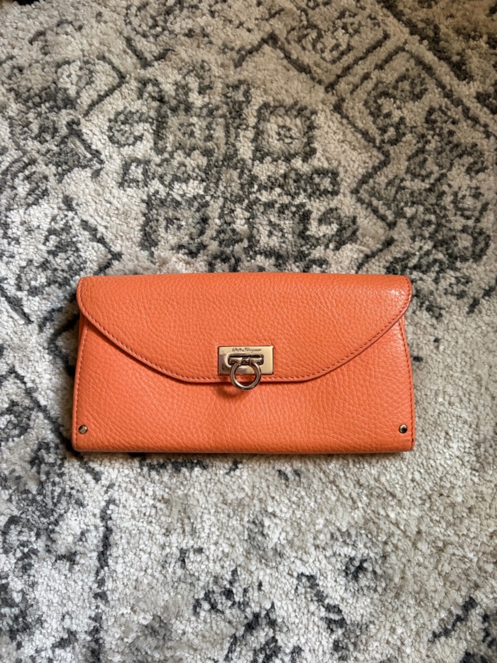 Salvatore Ferragamo Orange Leather Envelope Wallet with Gold Hardware
